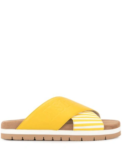 Msgm Striped Cross Strap Slippers In Yellow