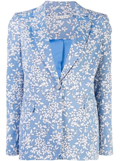 Alice And Olivia Macey Floral Print Cotton Blend Blazer In Cornflower