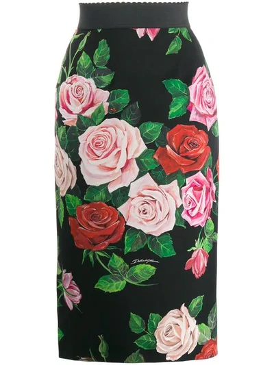 Dolce & Gabbana Floral Stretch Silk Skirt In Black