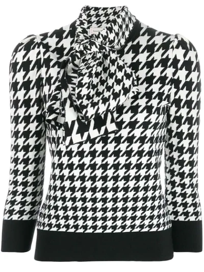 Alexander Mcqueen Bow-detailed Houndstooth Wool-blend Sweater In White