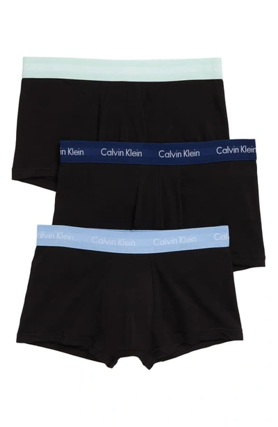 Calvin Klein 3-pack Stretch Cotton Low Rise Trunks In Blk/ Wedgewood/ Green/ Blue