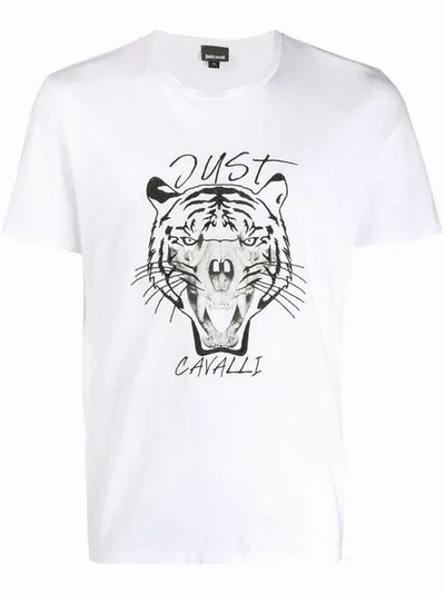 Just Cavalli Embroidered Tiger Skull Graphic Tee In White