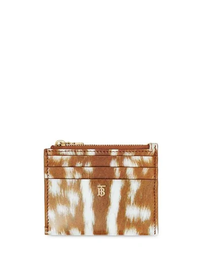 Burberry Deer Print Leather Zip Card Case In Brown