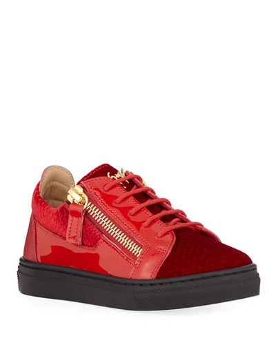 Giuseppe Zanotti London Patent Leather & Velvet Low-top Sneakers, Baby/toddler In Red