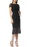 Kay Unger Boat-neck Short-sleeve Textured Lace Sheath Dress W/ Flounce Hem In Black