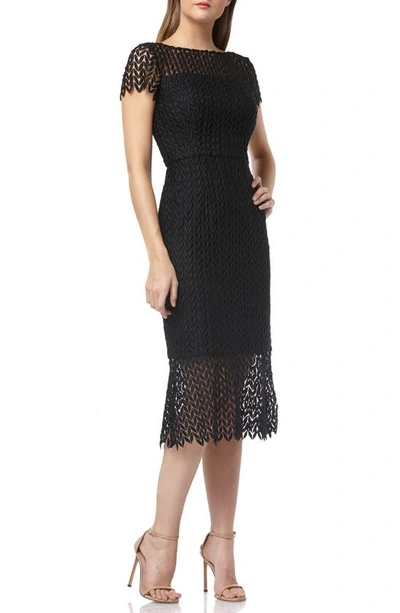 Kay Unger Boat-neck Short-sleeve Textured Lace Sheath Dress W/ Flounce Hem In Black