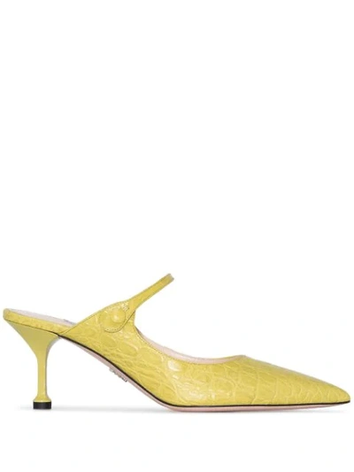 Prada Mary-jane Crocodile-effect Leather Mules In Yellow