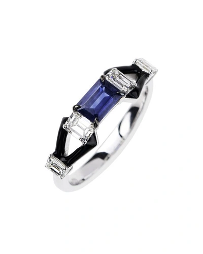 Nikos Koulis Oui 18k White Gold Black Enamel & Sapphire Ring W/ Diamonds
