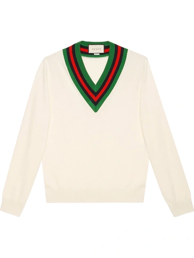 Gucci Men's Tipped Stripe V-neck Sweater In White