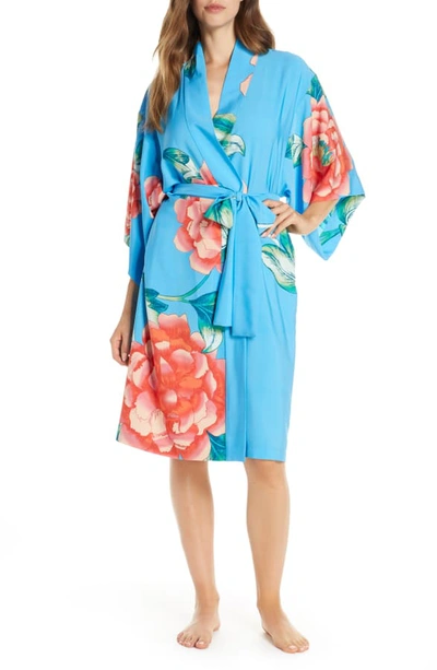 Natori Nova Floral Kimono Robe In Blue/ Sunrise Pink