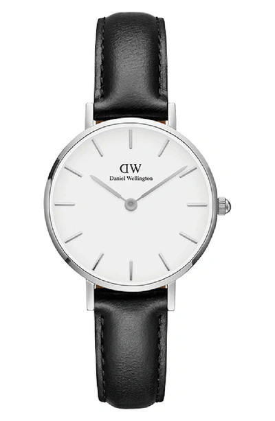 Daniel Wellington Classic Petite Leather Strap Watch, 28mm In Black/ White/ Silver