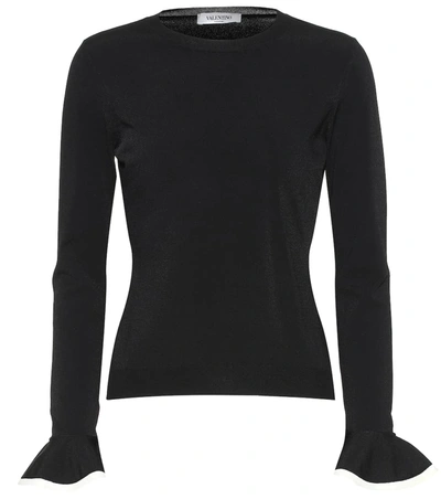 Valentino Flare Cuff Ribbed Sweater In 0na-black/ Ivory