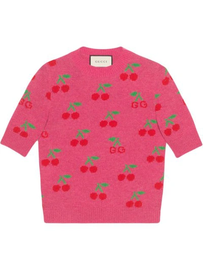 Gucci Knitted Top In Wool With Gg Cherry Jacquard In Pink