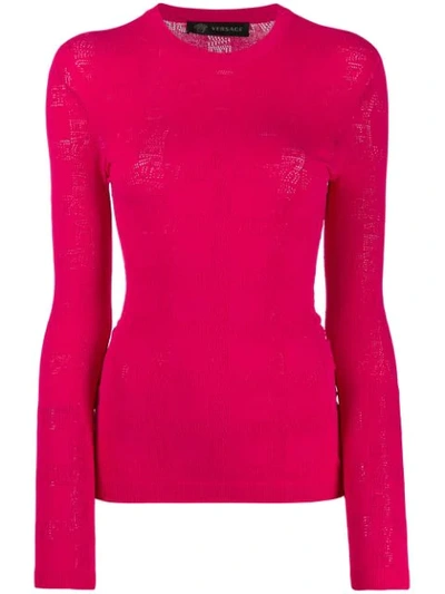 Versace Perforated Logo Stretch Knit Sweater In Fuchsia