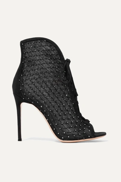 Gianvito Rossi 105 Embellished Suede-trimmed Mesh Ankle Boots In Black