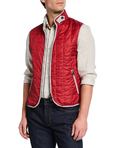 Neiman Marcus Men's Square Quilted Zip-front Vest In Red