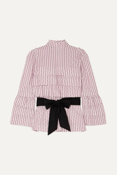 Anna Mason Mademoiselle Belted Tiered Striped Fil Coupé Blouse In Lilac