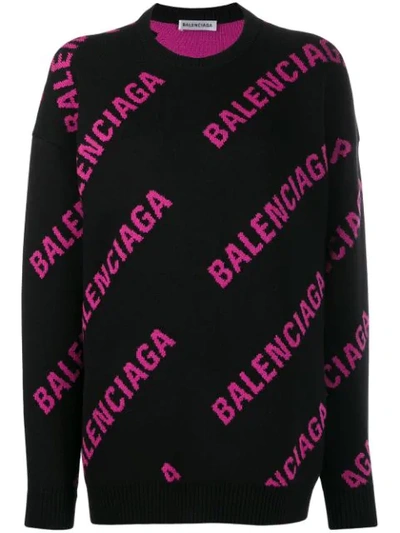Balenciaga Oversized Intarsia Cotton-blend Sweater In Black,pink