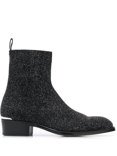 Alexander Mcqueen 40mm Glittered Leather Cuban Boots In Black