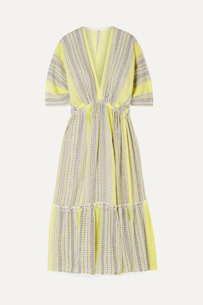 Lemlem Amira Tiered Striped Cotton-blend Gauze Midi Dress In Yellow