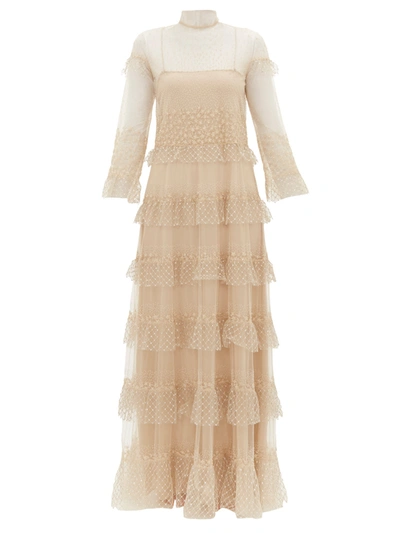 Valentino Beaded Tiered Tulle Gown In Gold