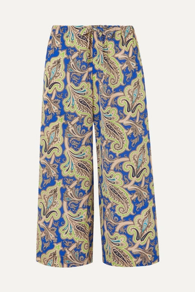 Etro Paisley-print Silk-crepe De Chine Cropped Trousers In Blue