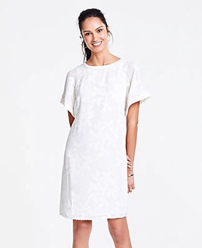 Ann Taylor Petite Leaves Jacquard Flutter Sleeve T-shirt Dress In Winter White