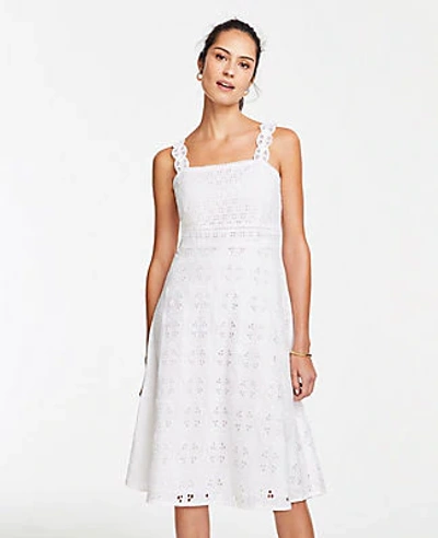 Ann Taylor Petite Lace Strap Eyelet Flare Dress In White