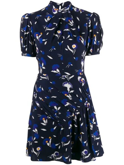 Self-portrait Floral Puff Sleeve Jersey Crepe Minidress In Navy