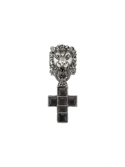 Gucci Lion Head Ring With Cross Pendant In 8131 Silver Black