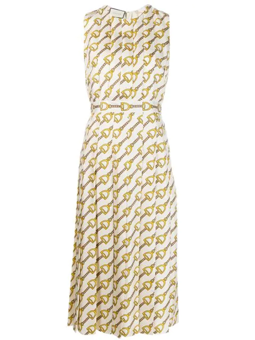 GUCCI★素敵！STIRRUPS PRINT SILK DRESS W/ CHAIN BELT GUCCI DRESS SILK WITH STIRRUPS PRINT GOLDTONE CHAIN BELT
