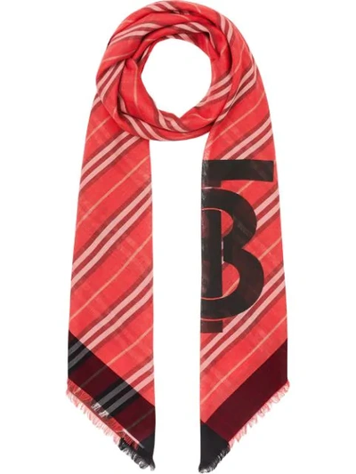 Burberry Monogram Icon Stripe Wool Silk Large Square Scarf In Red