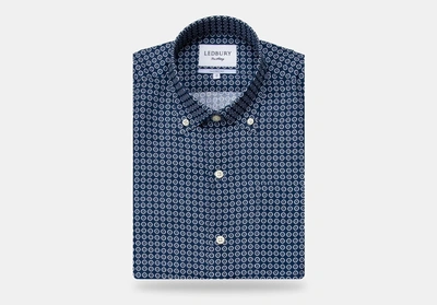 Ledbury Men's Navy Blue Short Sleeve Windham Print Casual Shirt Classic Cotton/linen