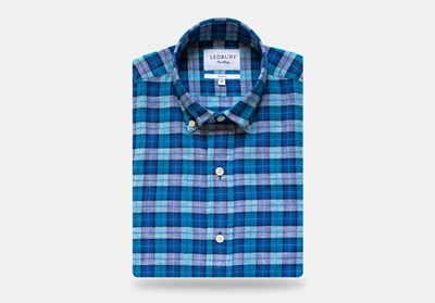 Ledbury Men's Aqua Blue Seabrooke Plaid Casual Shirt Cotton/linen