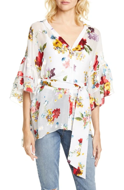 Alice And Olivia Rosario Floral Tie-waist Ruffle-sleeve Kimono Top In Colorful Bouquet Soft White