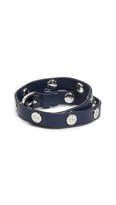 Tory Burch Leather Logo-stud Double-wrap Bracelet In Navy/hematite/ Tory Silver