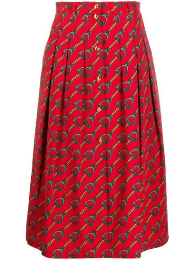 Gucci Pleated Printed Cotton-twill Midi Skirt In Red,multi