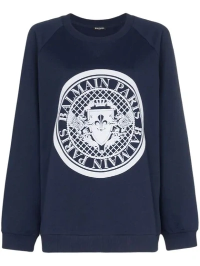 Balmain Coin Logo-print Cotton-jersey Sweatshirt In Blue