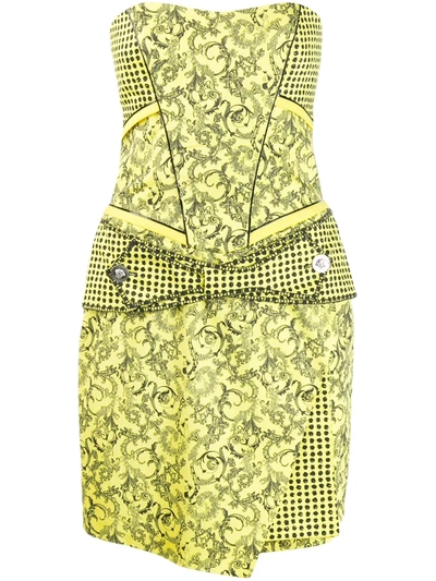 Pre-owned Versace Barocco Print Strapless Dress In Yellow