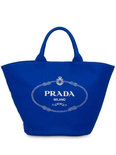 Prada Logo Print Tote In Blue