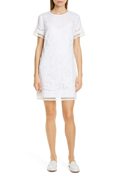 Club Monaco Luceenie Eyelet Detail Linen Shift Dress In Blanc De Blanc