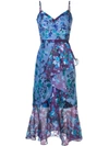 Marchesa Notte Colorblock Floral Organza Sleeveless High-low Side-ruffle Gown In Blue