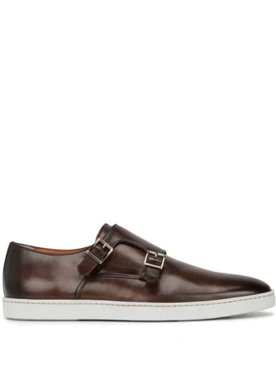 Santoni Freemont Monk Strap Leather Sneakers In Brown