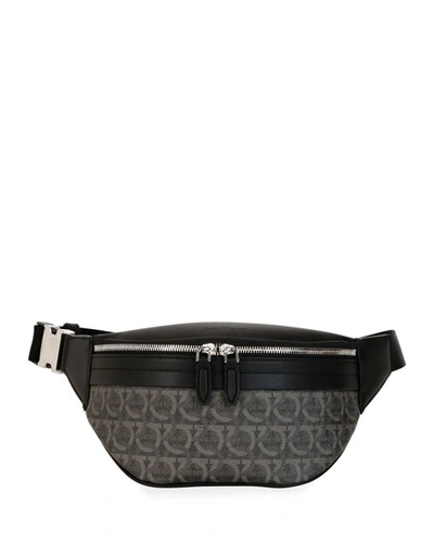 Ferragamo Men's Gancini-print Leather Belt Bag/fanny Pack In Gray