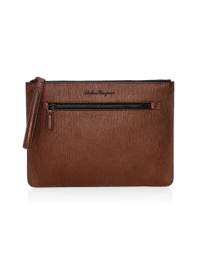 Ferragamo Men's Revival Textured Leather Pouch Bag In Copper