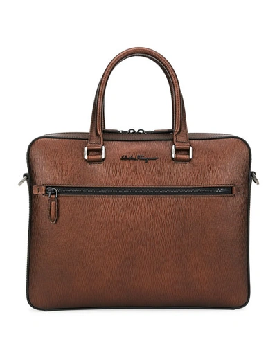 Ferragamo Men's Revival Textured Leather Briefcase In Brown