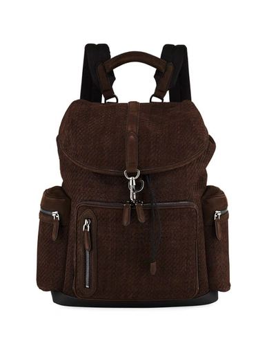 Ermenegildo Zegna Men's Pelle Tessuta Flap Backpack In Brown
