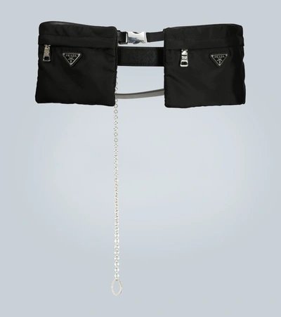 Prada Men's Two-pocket Tessuto & Leather Belt Bag In Black