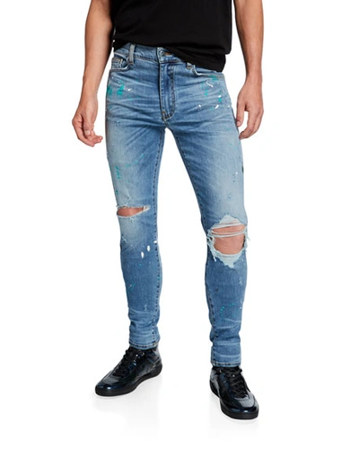 Amiri Men's Paint-splatter Skinny Jeans With Ripped Knee In Blue Pattern