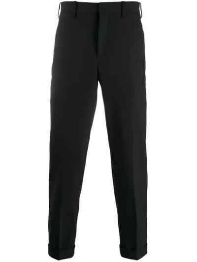 Neil Barrett Men's Wool Trousers With Striped Hem In 0101 Black + Black